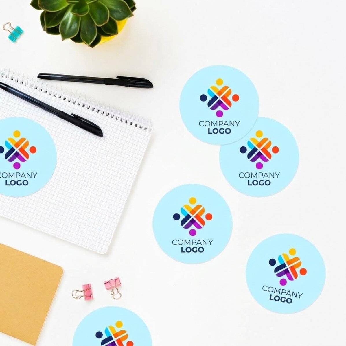 Set of 6 round stickers (self-adhesive labels), diameter 7 cm, customised with logo