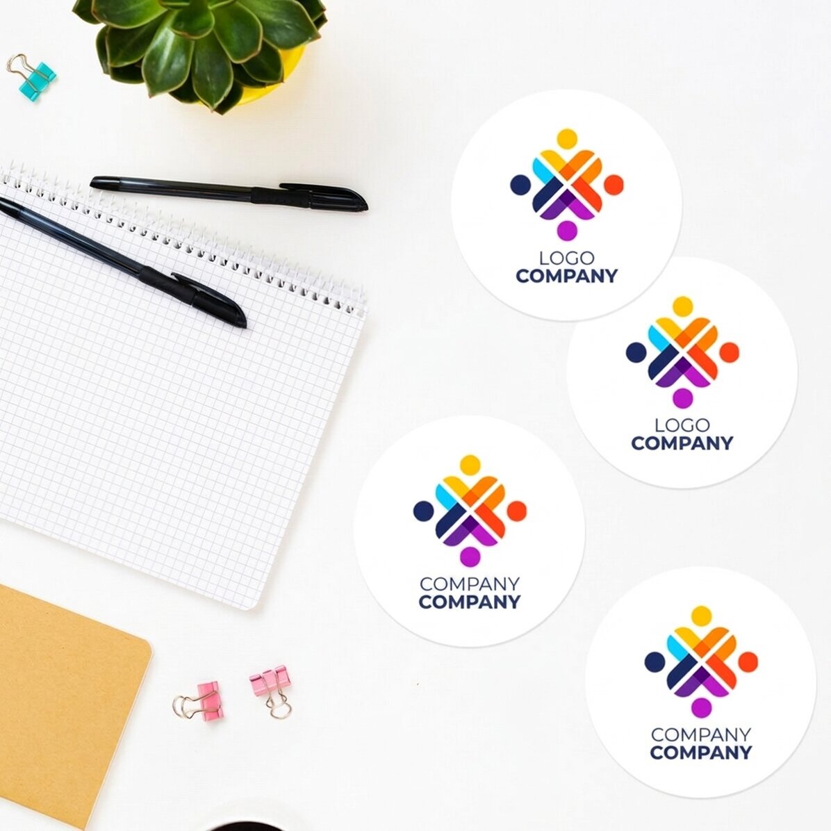 Set of 4 round stickers (self-adhesive labels), diameter 8.5 cm, customised with logo