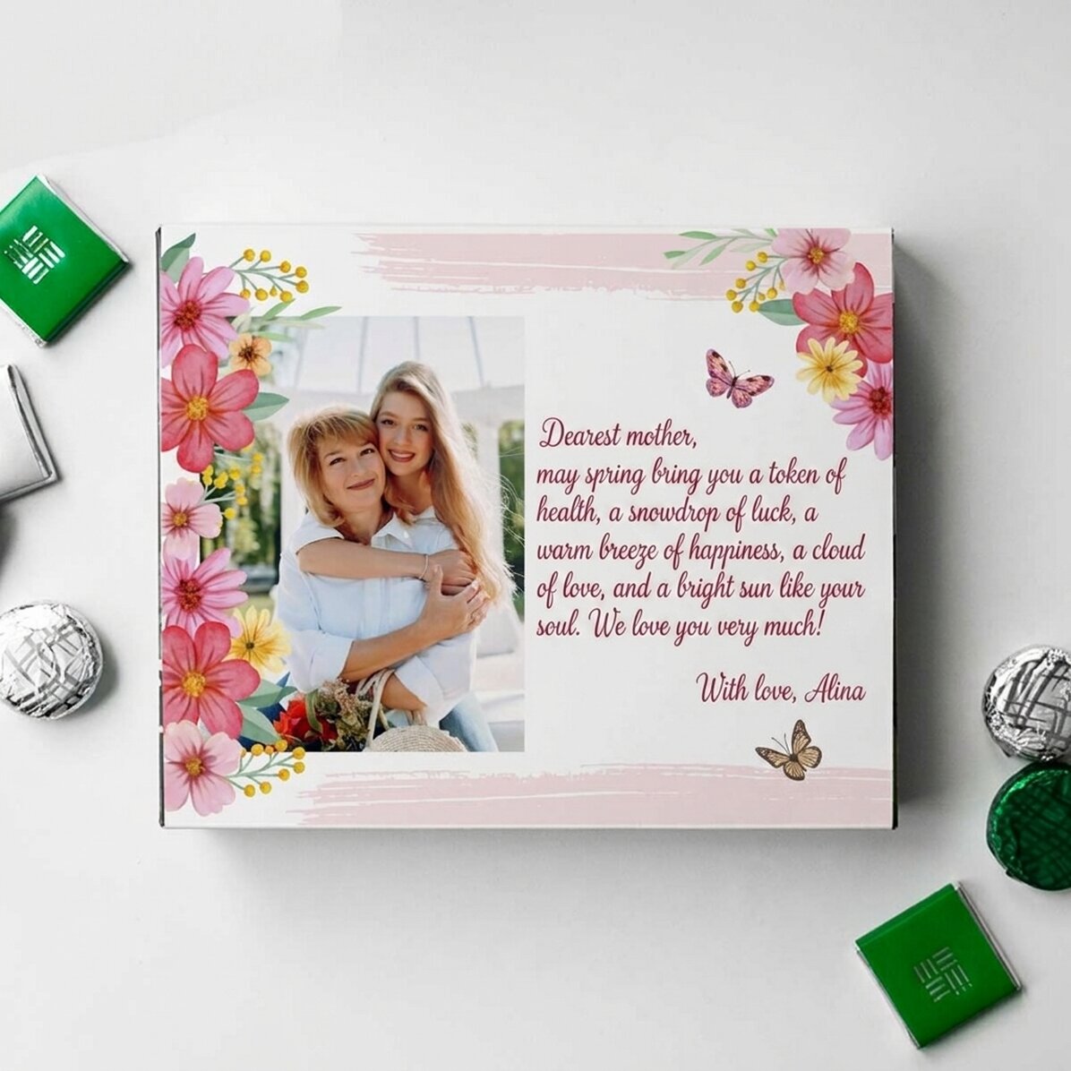 Personalised box of chocolates with a photo and message - Spring