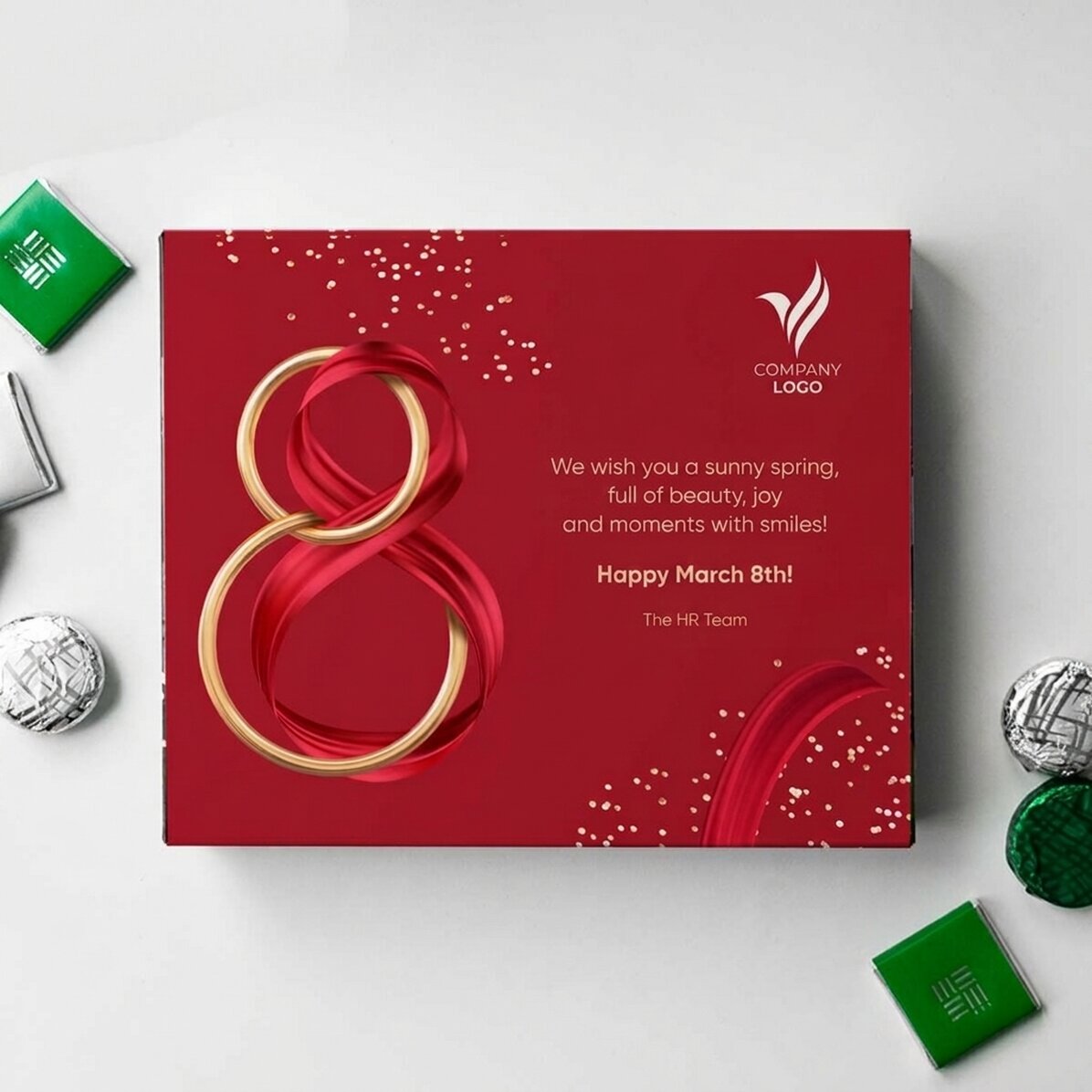Personalised box of chocolates with logo and text - 8 March