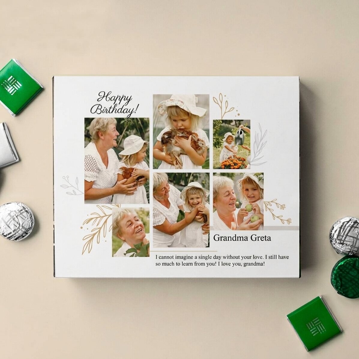Personalised box of chocolates with 6 photos and message