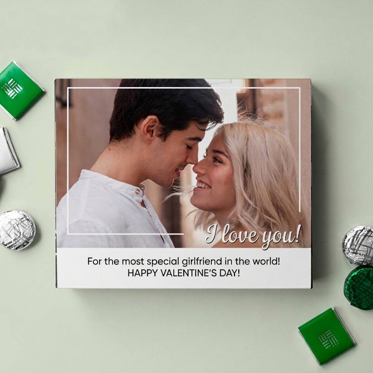 Personalised box of chocolates with a photo and message