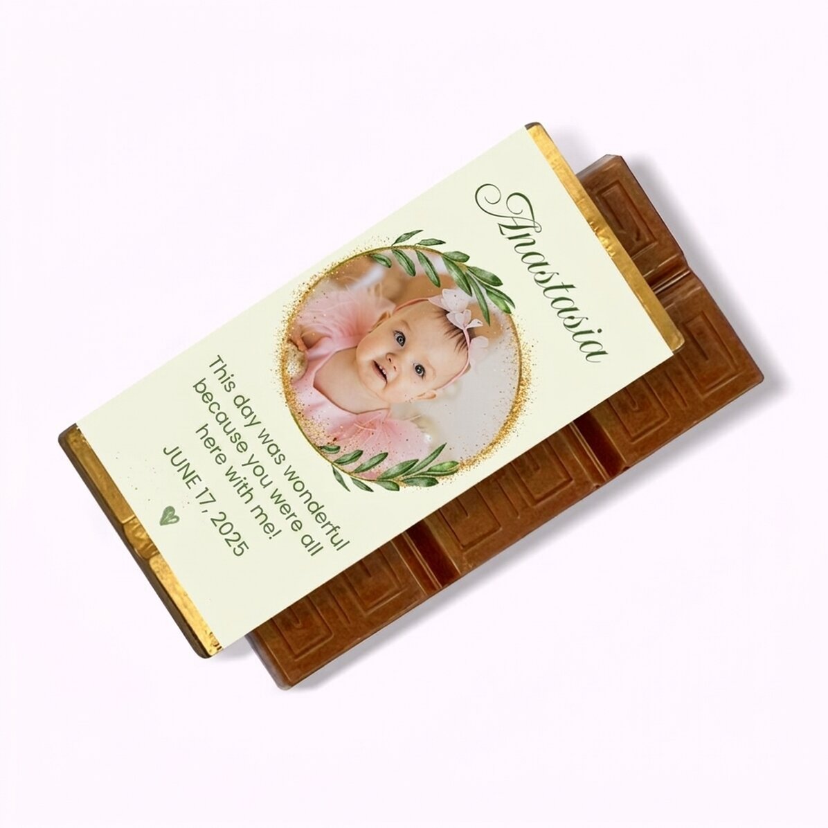 Mini chocolate bar personalised with photo and message for christening