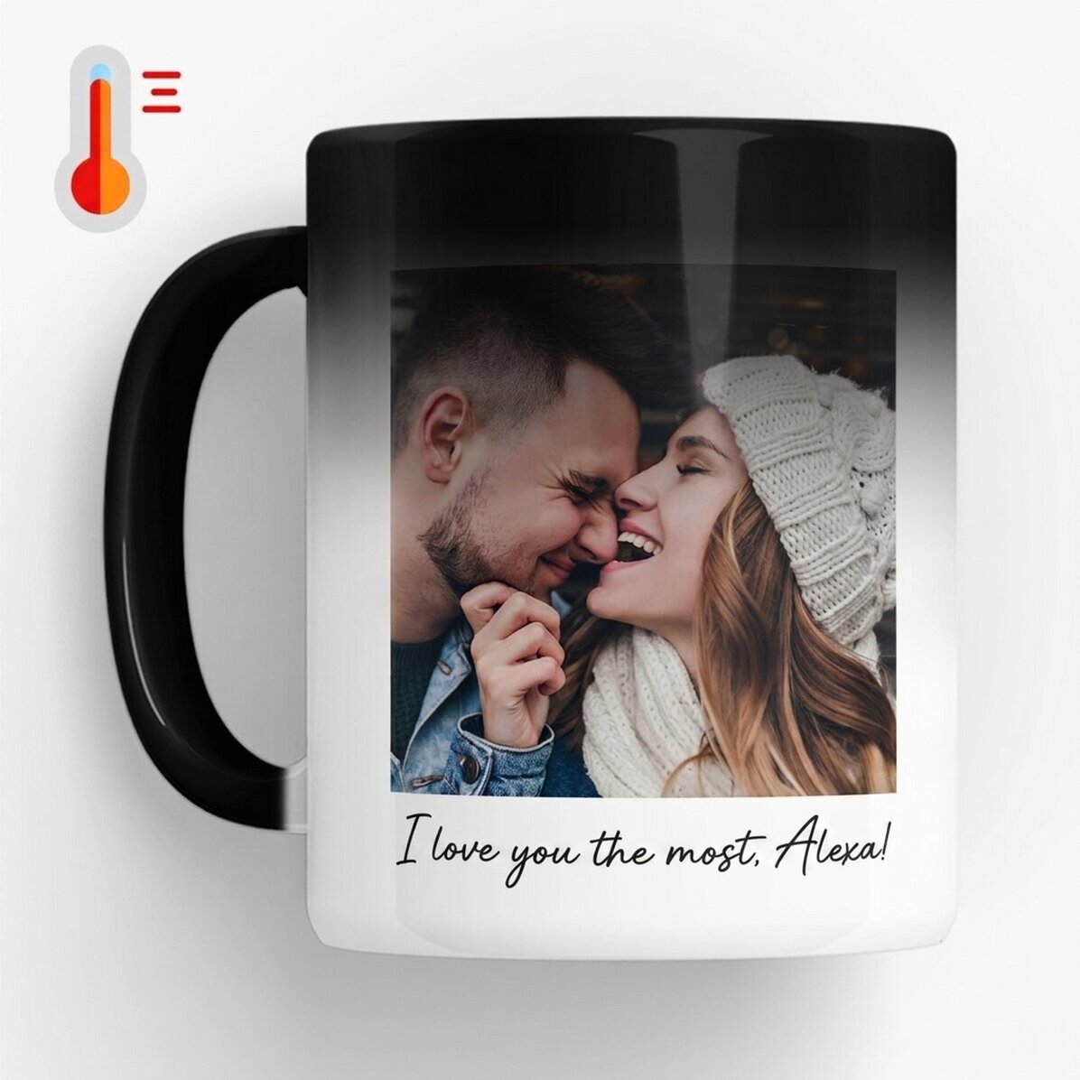 Thermosensitive mug personalised with a photo, message and QR code