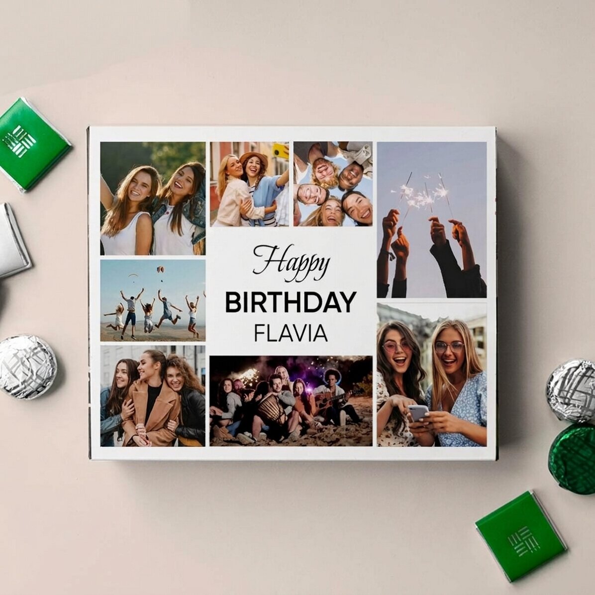 Personalised box of chocolates with 8 photos and message - Happy Birthday!