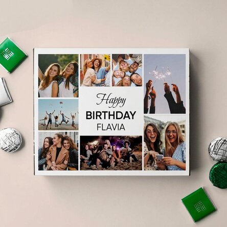 Personalised box of chocolates with 8 photos and message - Happy Birthday!