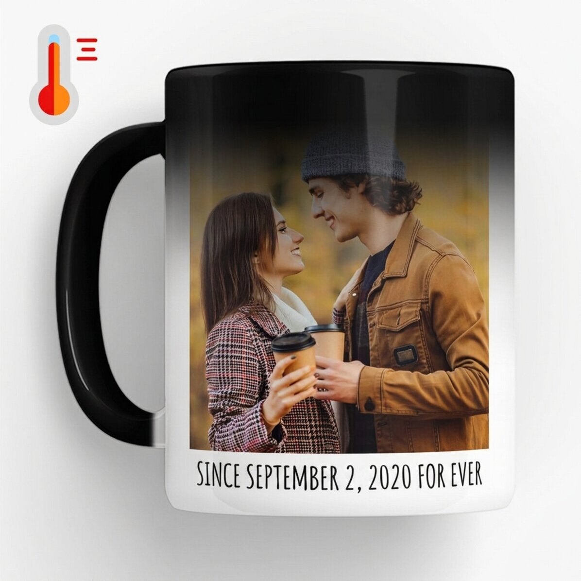 Personalised heat-sensitive mug with 2 photos and text