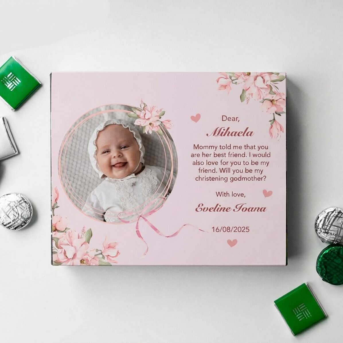 Personalised box of sweets with a photo and message for a christening - Godparent request