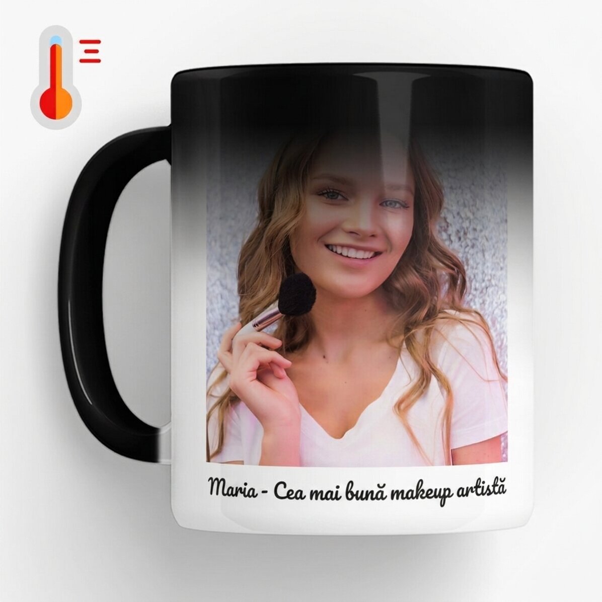 Personalised heat-sensitive mug with text and a photo