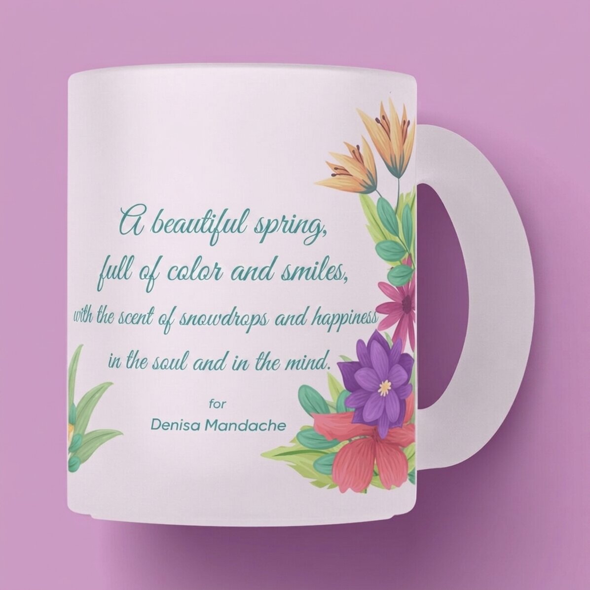 Personalised frosted glass mug with logo and text - Spring flowers