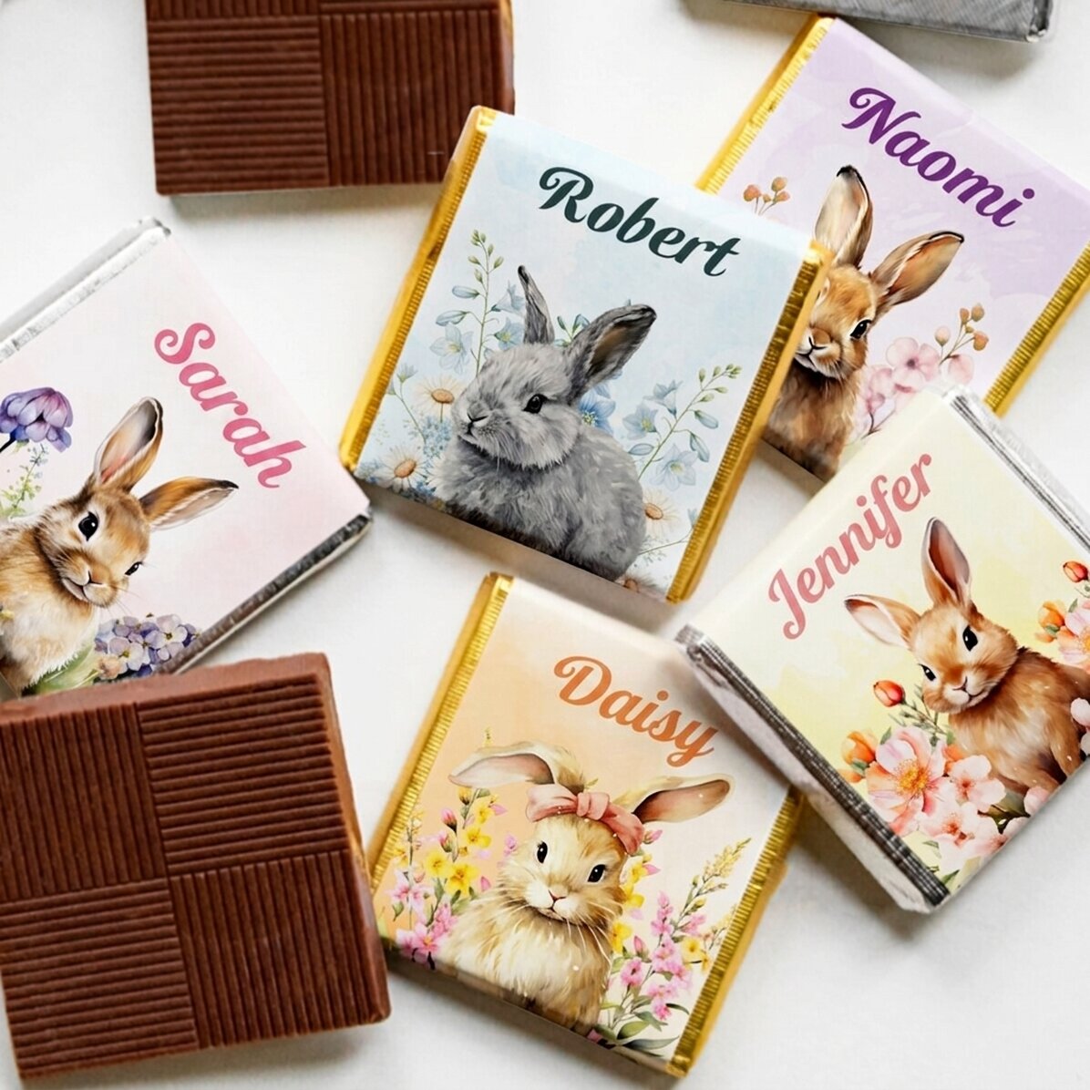 Set of 5 mini chocolates personalised with text - Easter bunnies
