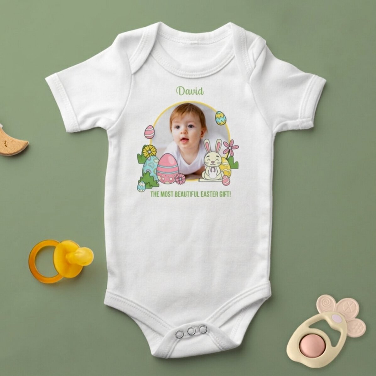 Personalised baby bodysuit with photo and text - Easter