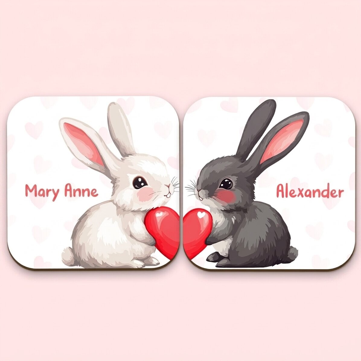 Set of 2 personalised coasters with text - Bunnies