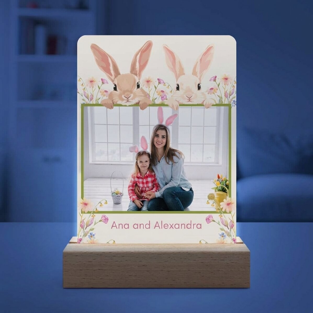 Personalised LED night light with a photo and text - Rabbits