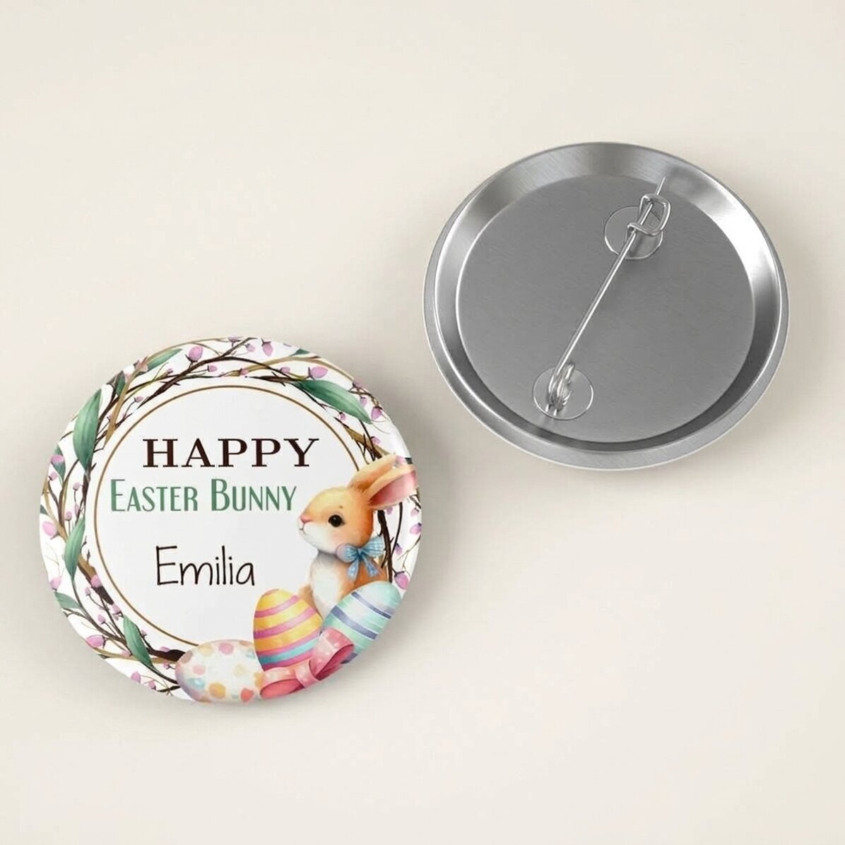 Personalised badge with Easter message - Happy bunny