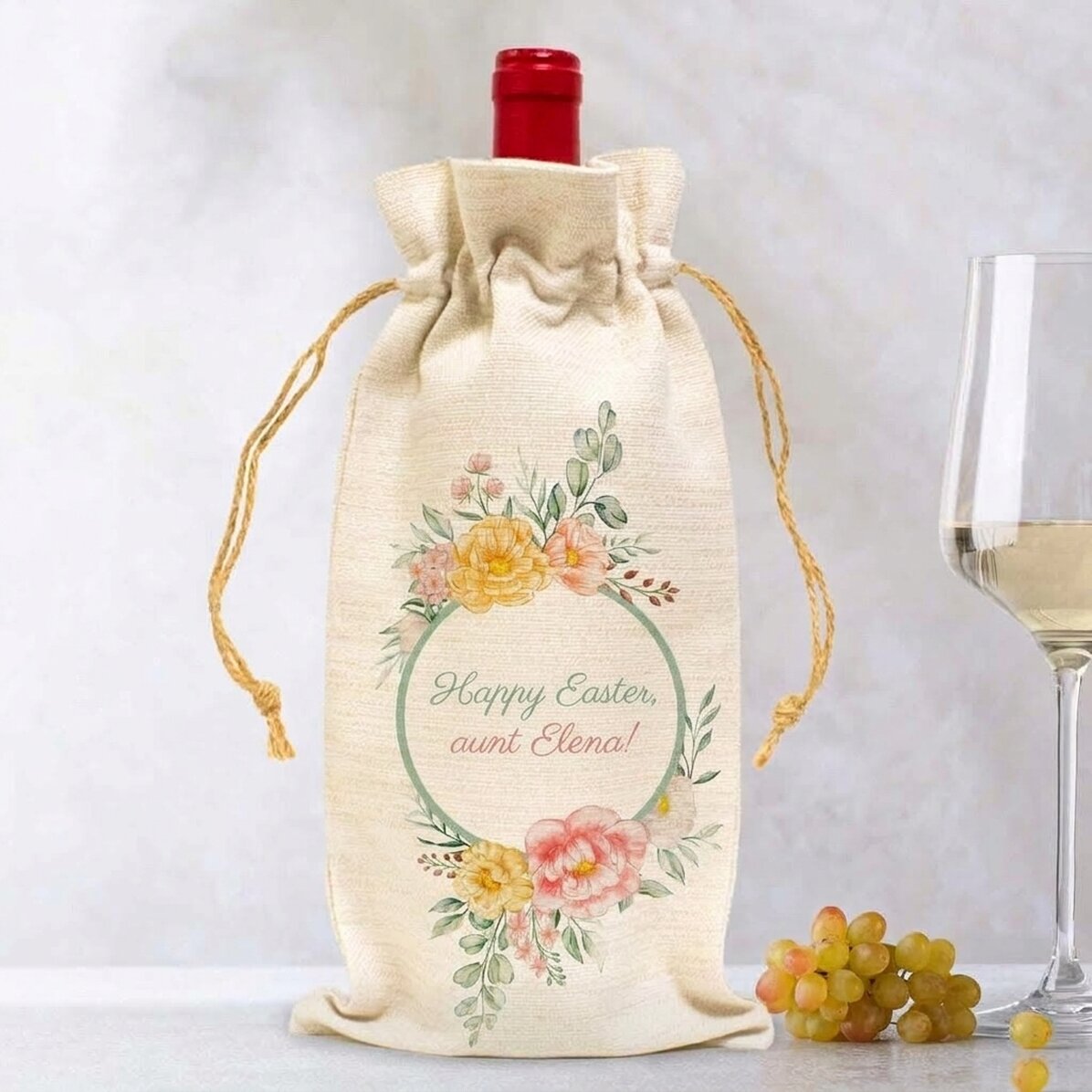 Personalised wine bottle bag with message - Flowers