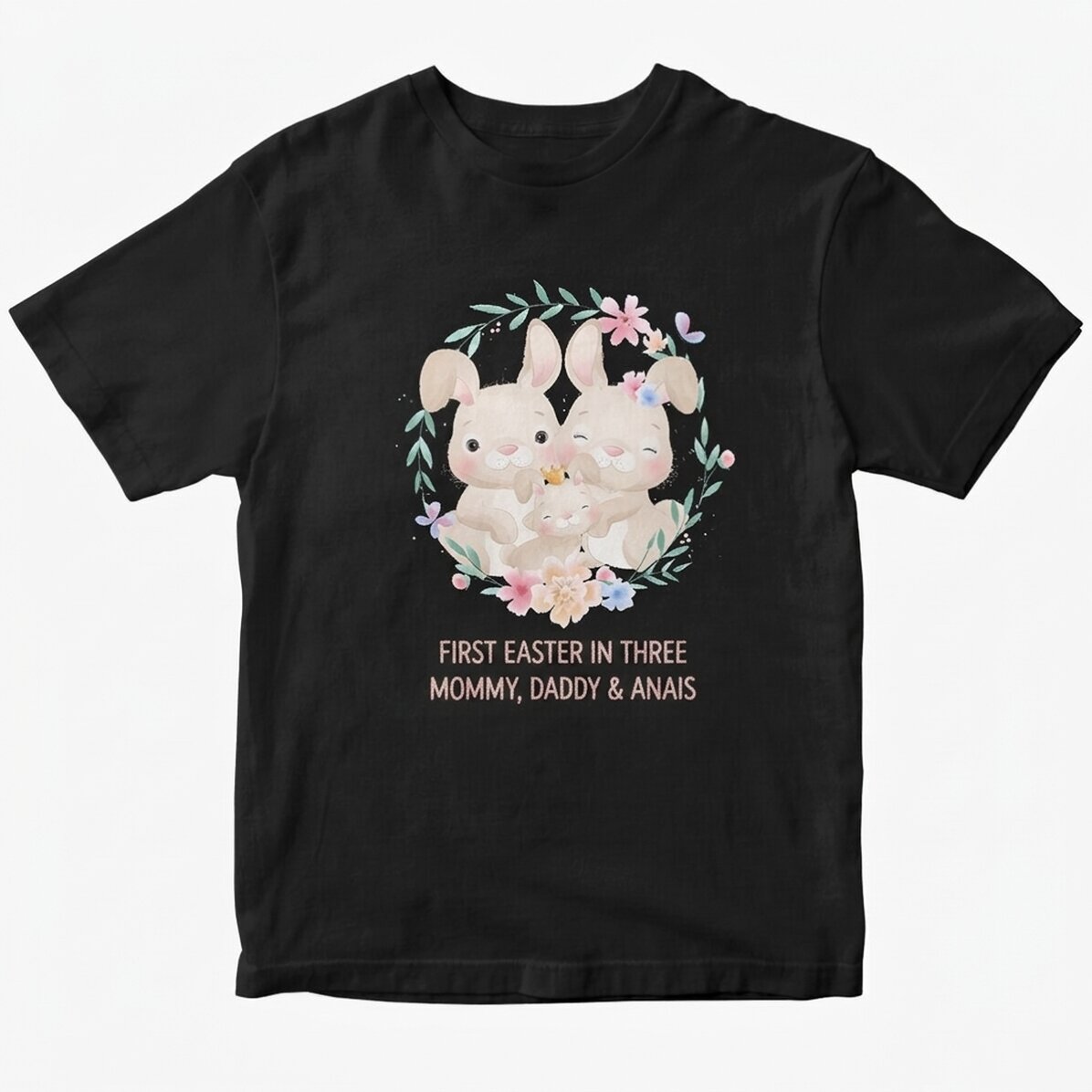 Custom cotton T-shirt with text - First Easter in three