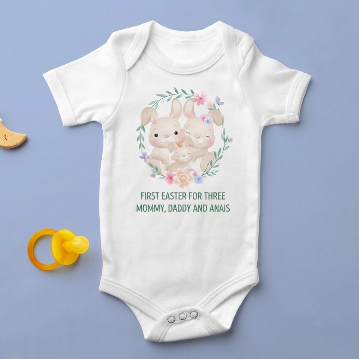 Personalised baby bodysuit with text - First Easter in three