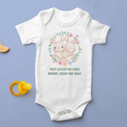 Personalised baby bodysuit with text - First Easter in three