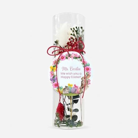 Glass ornament with preserved flowers personalised with Easter text