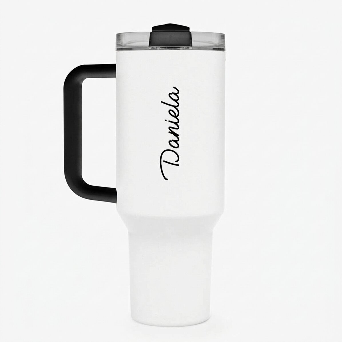 Thermos mug with handle and straw, personalised with name