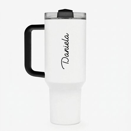 Thermos mug with handle and straw, personalised with name