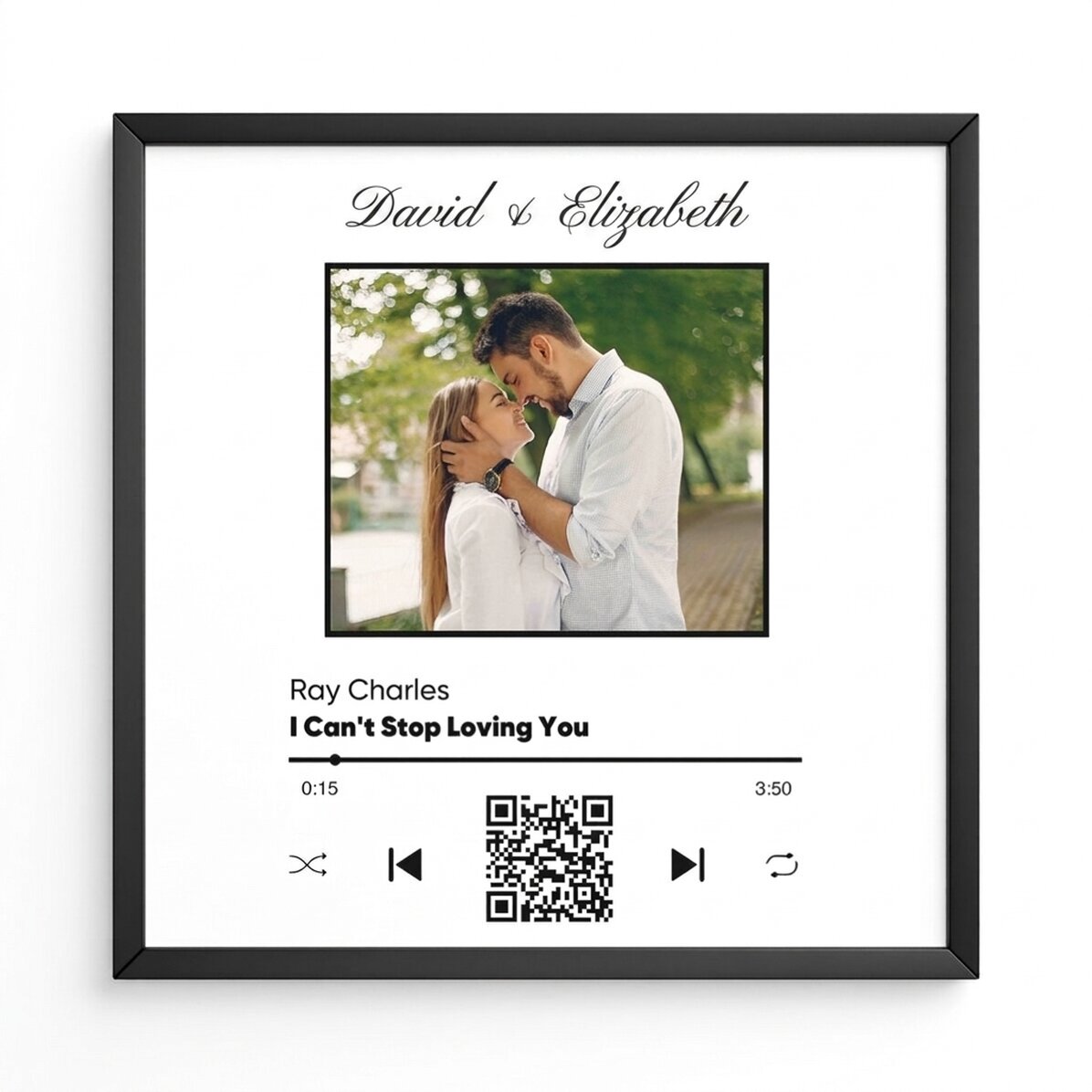 Personalised picture frame with a photo, QR code and text - Our song