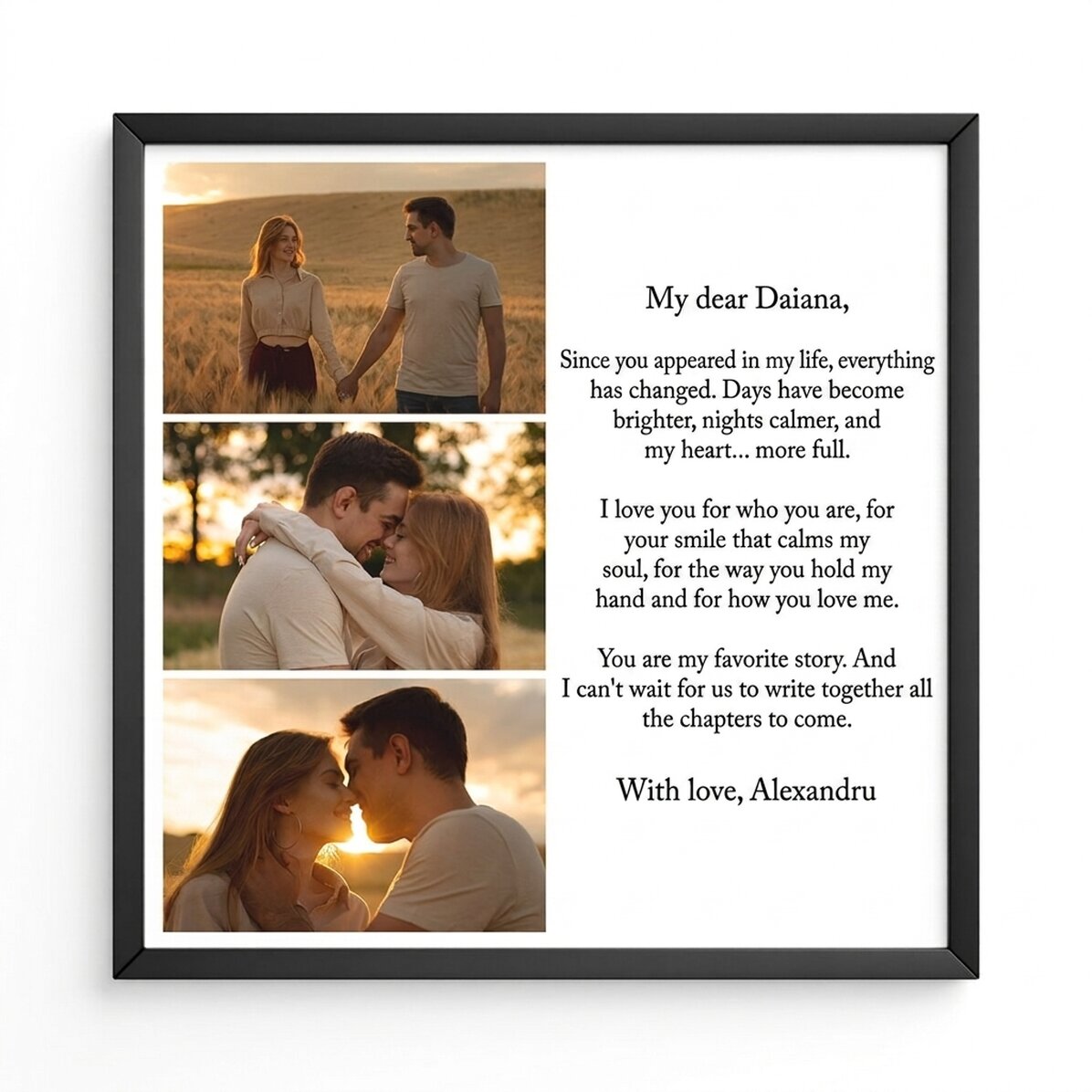 Personalised picture frame with 3 photos and text