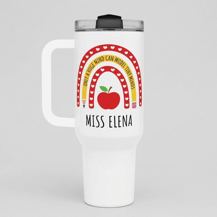 Thermos mug with handle and straw, personalised with name - Teacher