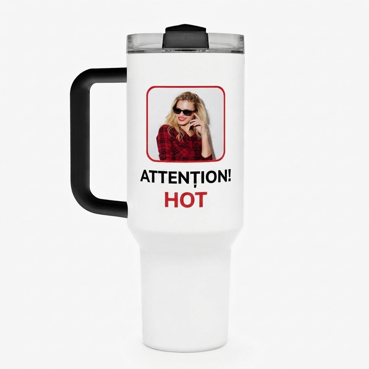 Thermos mug with handle and straw, personalised with a photo and text - Hot