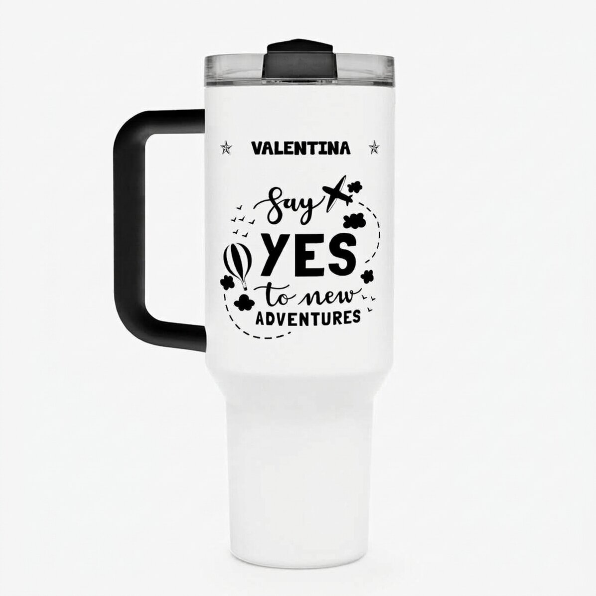 Thermos mug with handle and straw, personalised with name - New Adventures