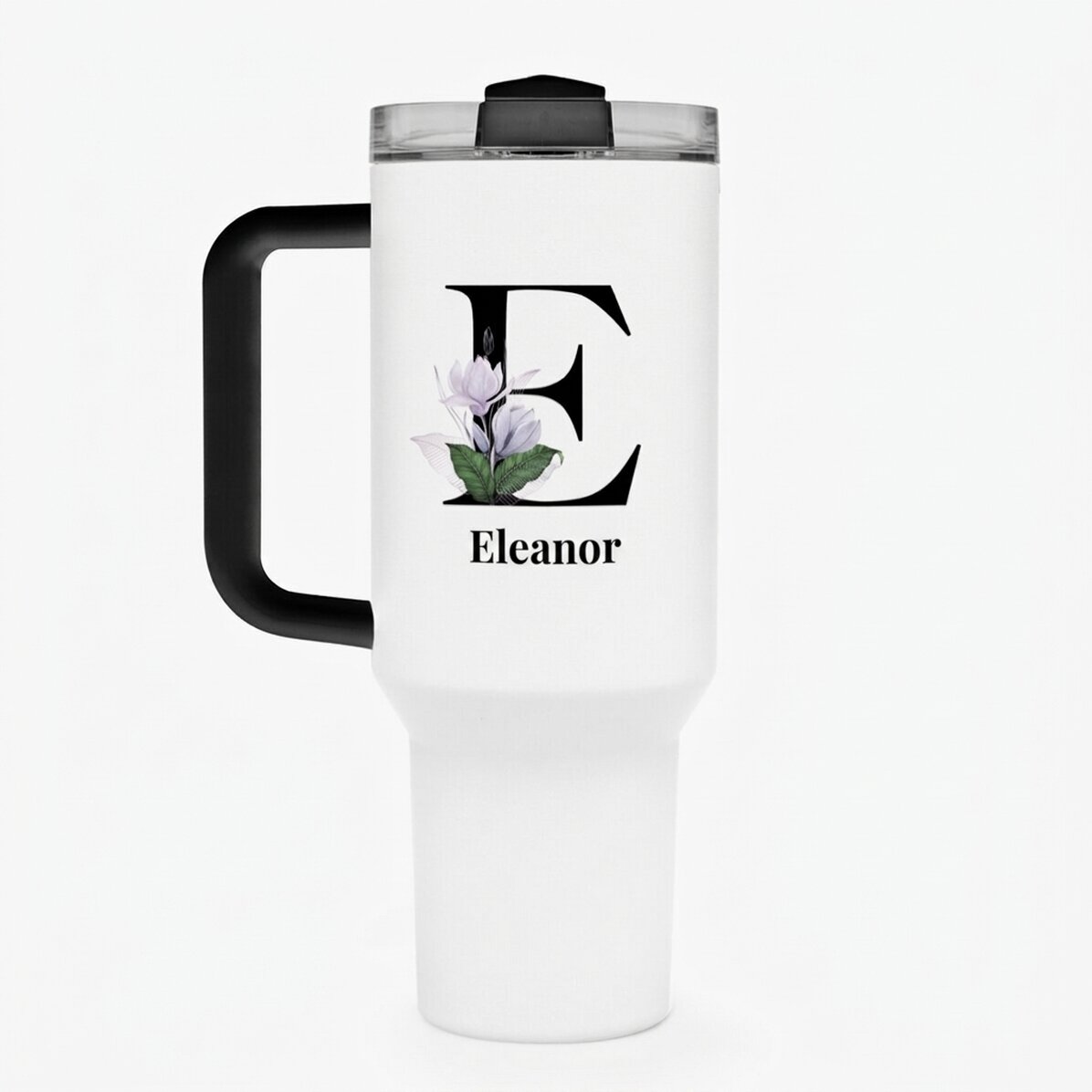 Thermos mug with handle and straw, personalised with initials and name