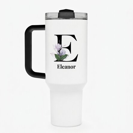 Thermos mug with handle and straw, personalised with initials and name