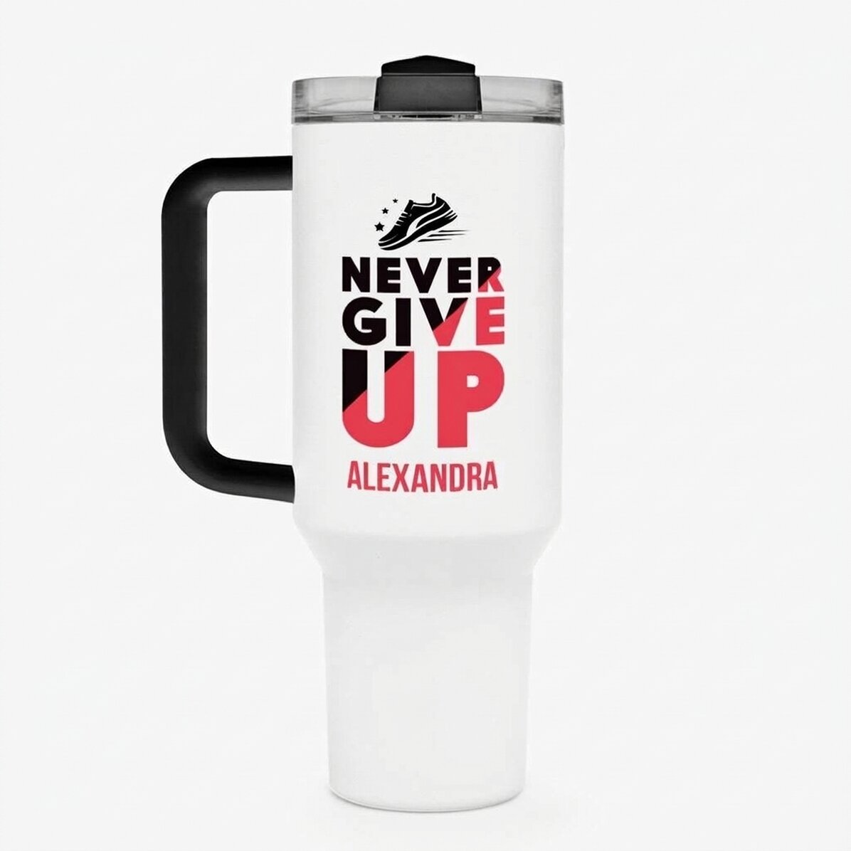 Thermos mug with handle and straw, personalised with name - Never give up