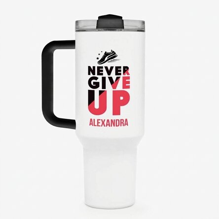 Thermos mug with handle and straw, personalised with name - Never give up
