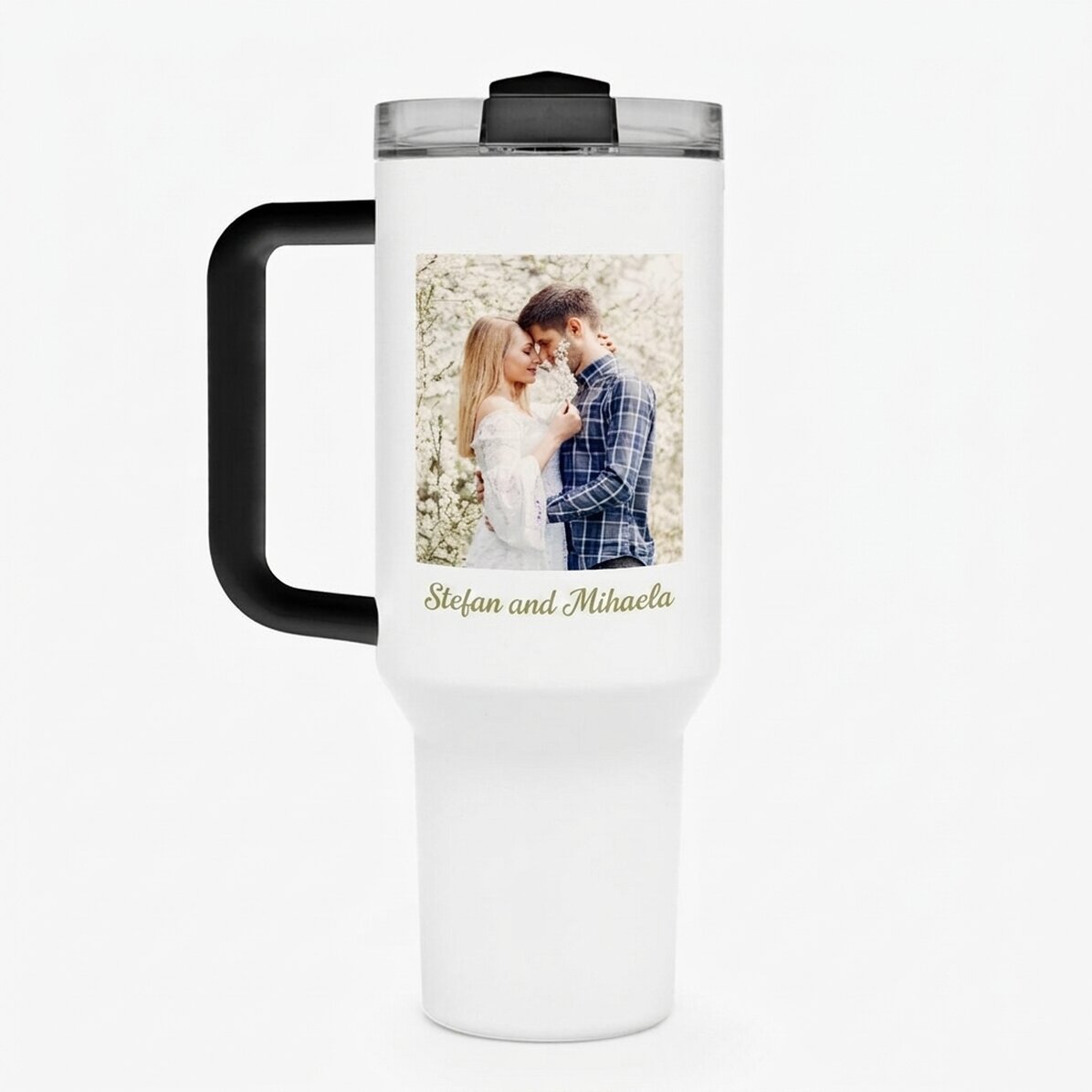 Thermos mug with handle and straw, personalised with photo and name