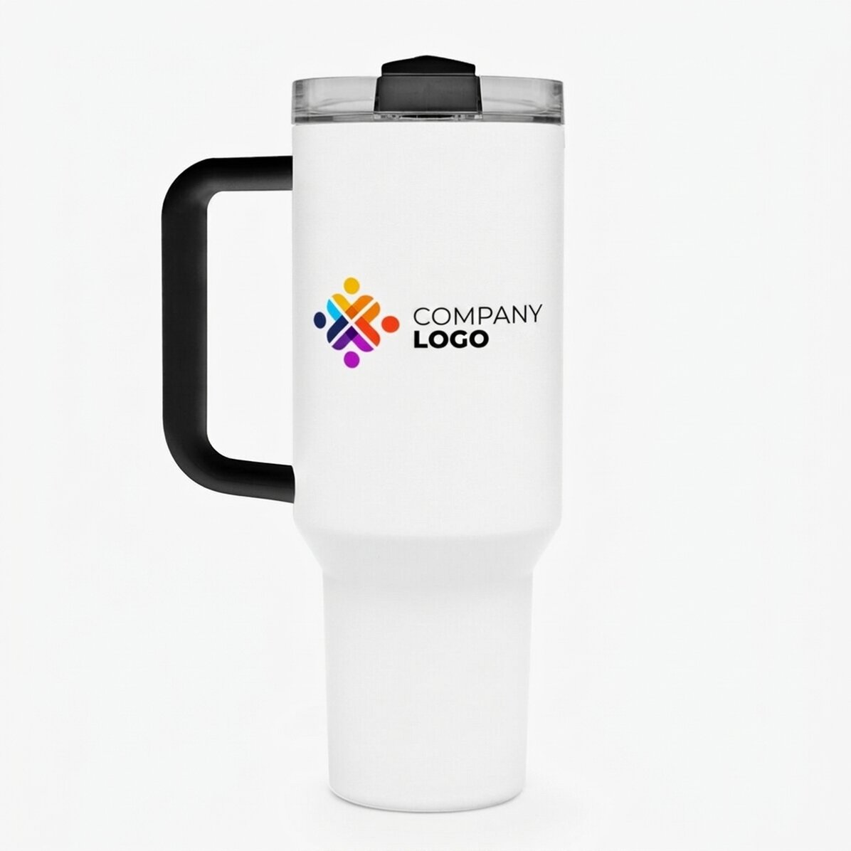 Thermos mug with handle and straw, customised with logo
