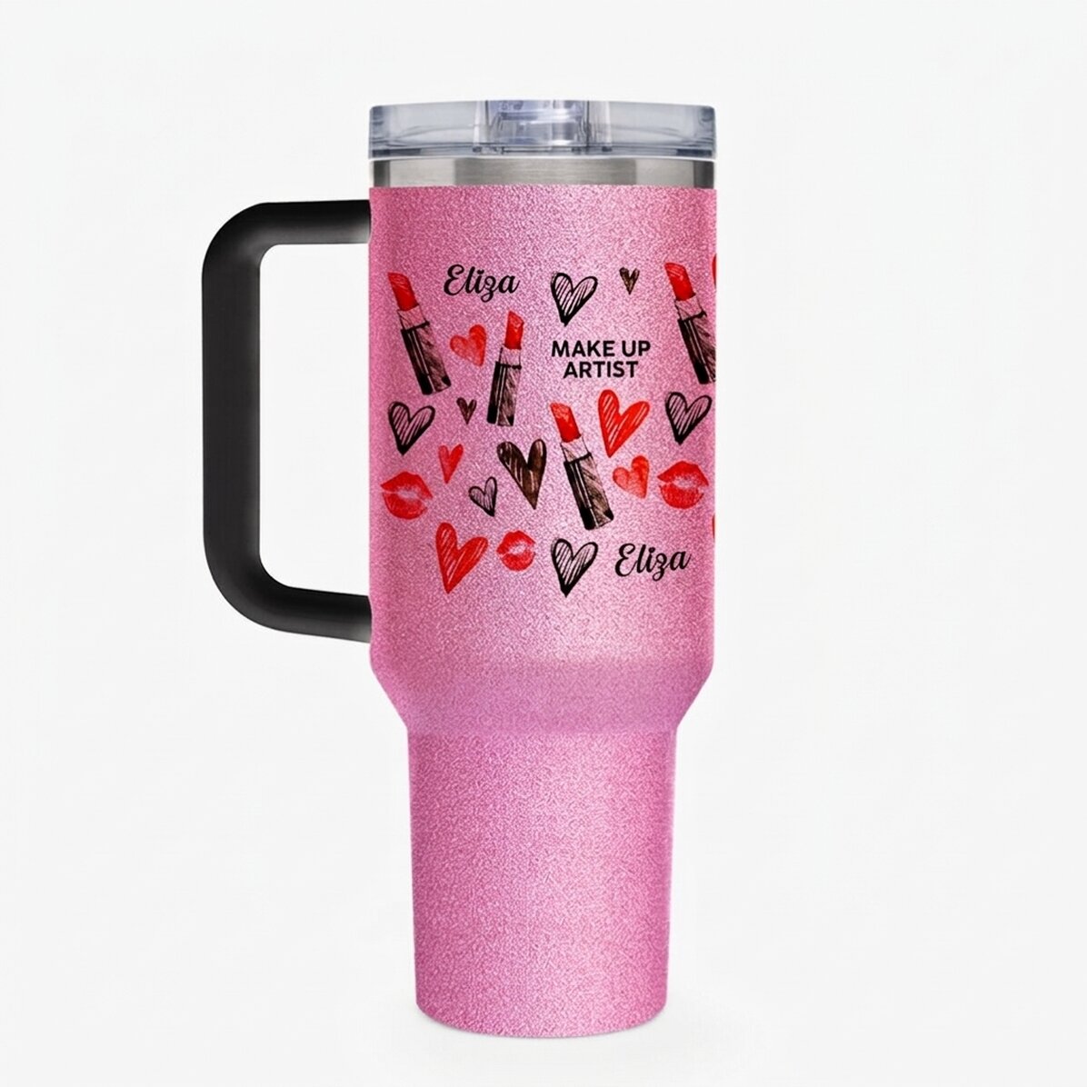 Thermos mug with handle and straw, personalised with message - Make-up artist