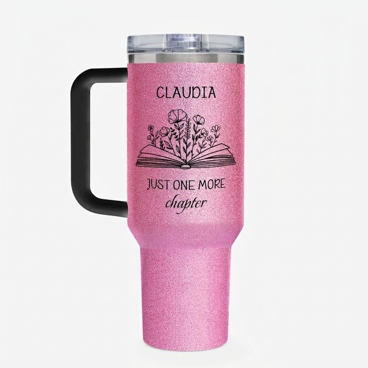Thermos mug with handle and straw, personalised with message - Just one more chapter