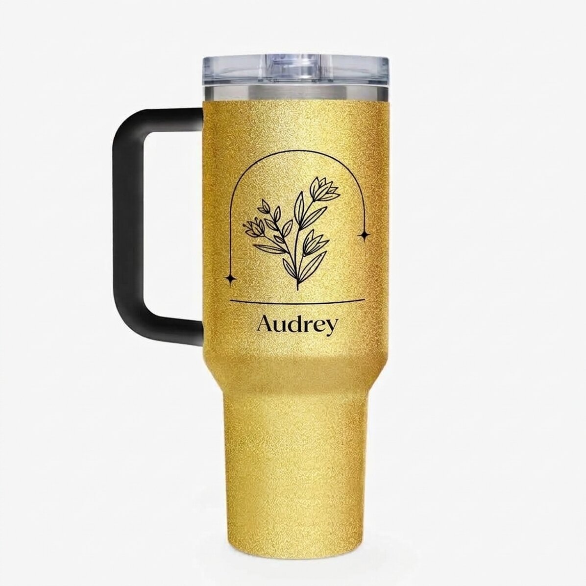 Thermos mug with handle and straw, personalised with name - Flower