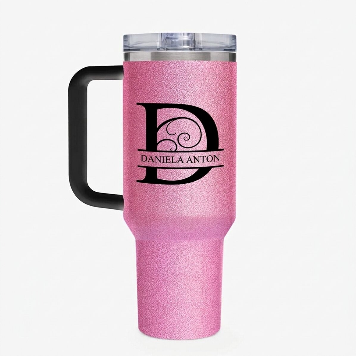 Thermos mug with handle and straw, personalised with monogram