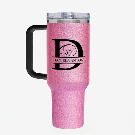 Thermos mug with handle and straw, personalised with monogram