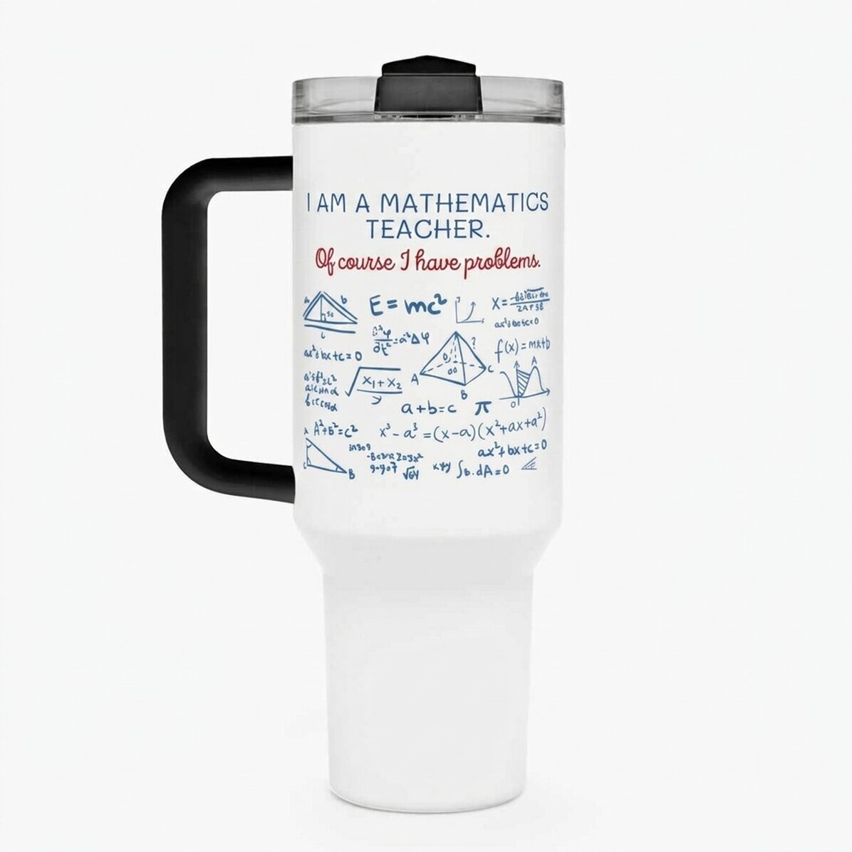 Thermos mug with handle and straw, personalised with message - Maths Teacher