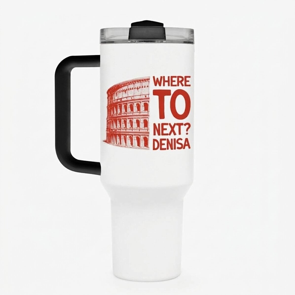 Thermos mug with handle and straw, personalised with text - Where to next?
