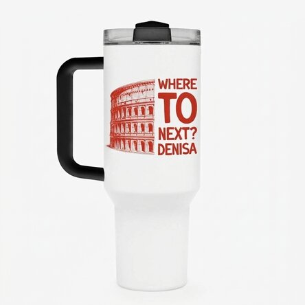 Thermos mug with handle and straw, personalised with text - Where to next?