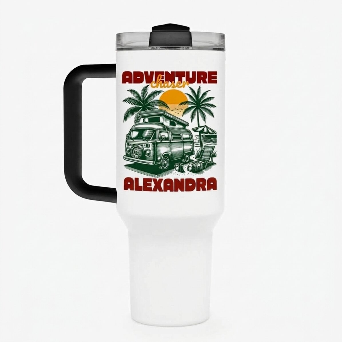 Thermos mug with handle and straw, personalised with text - Dream chaser
