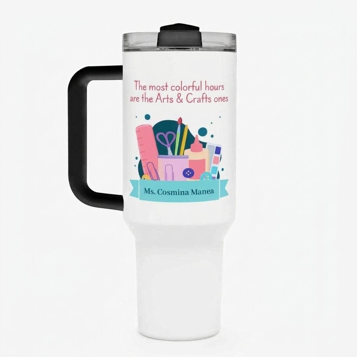 Thermos mug with handle and straw, personalised with message - Art Teacher