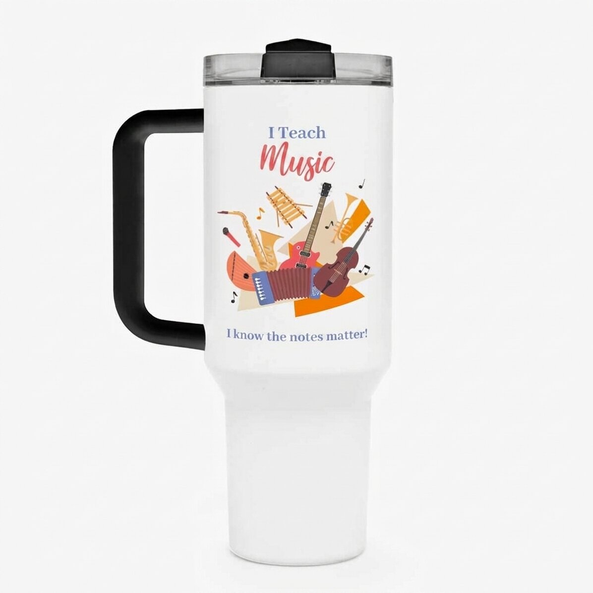 Thermos mug with handle and straw, personalised with message - Music Teacher
