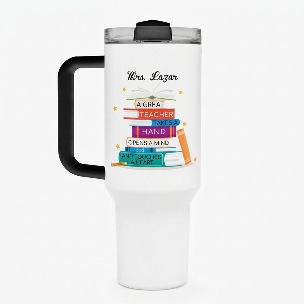 Thermos mug with handle and straw, personalised with message - Books