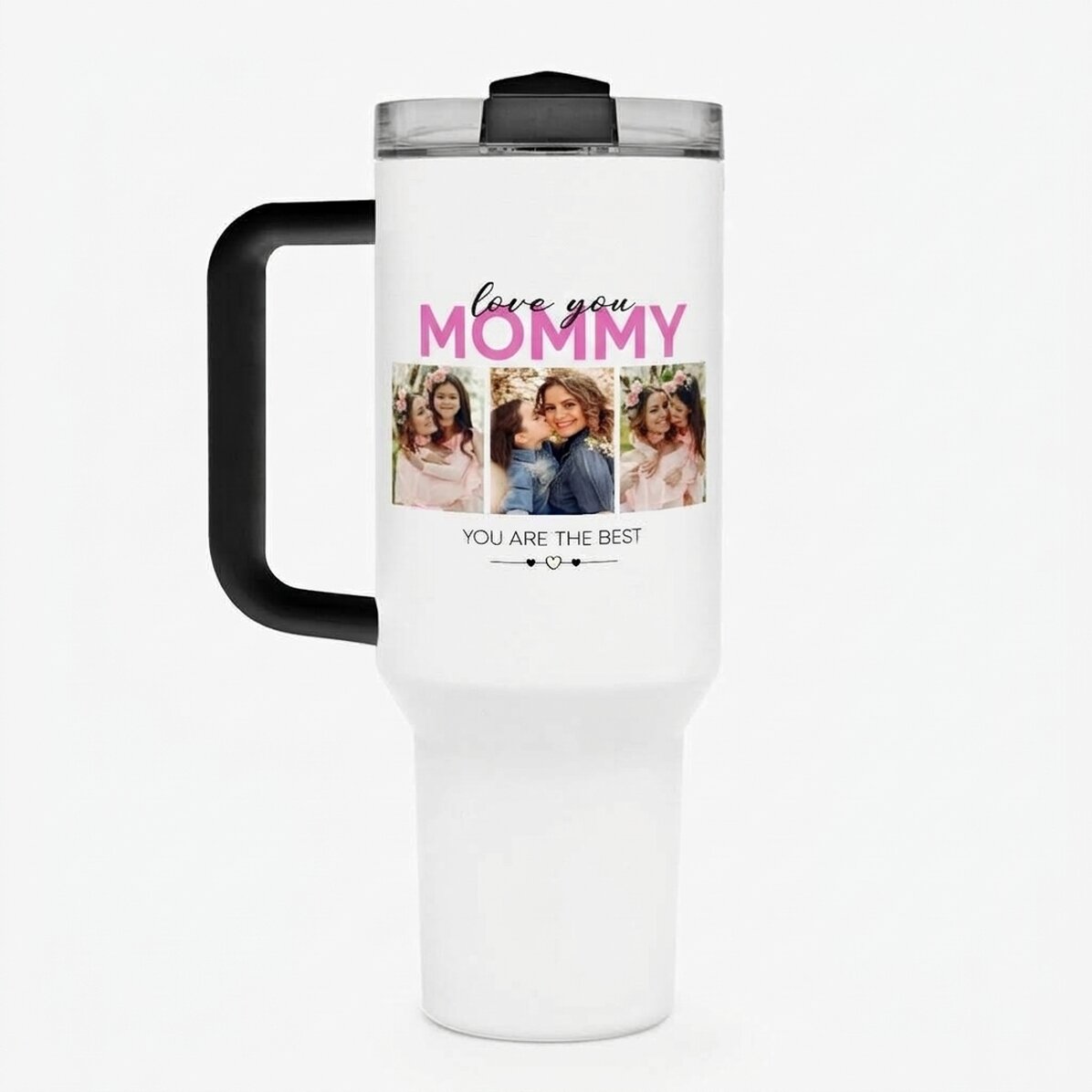 Thermos mug with handle and straw, personalised with 6 photos and text - With love